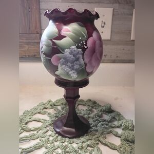 Artisan Pink Rose Cranberry Ruffles Glass Vase